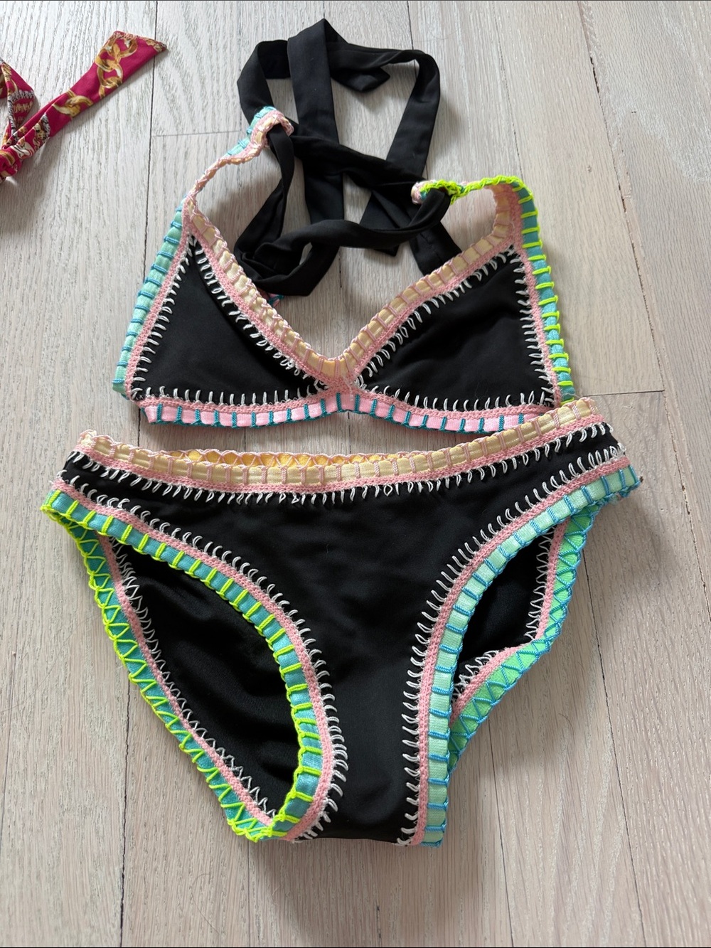 Girls Black Bikini with Multicolor Crochet Trim - Kids Swim
